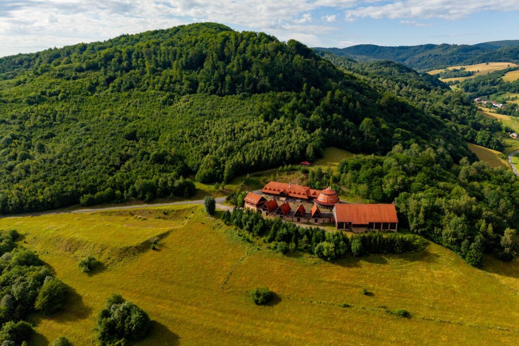 Widok z drona na budynki i las