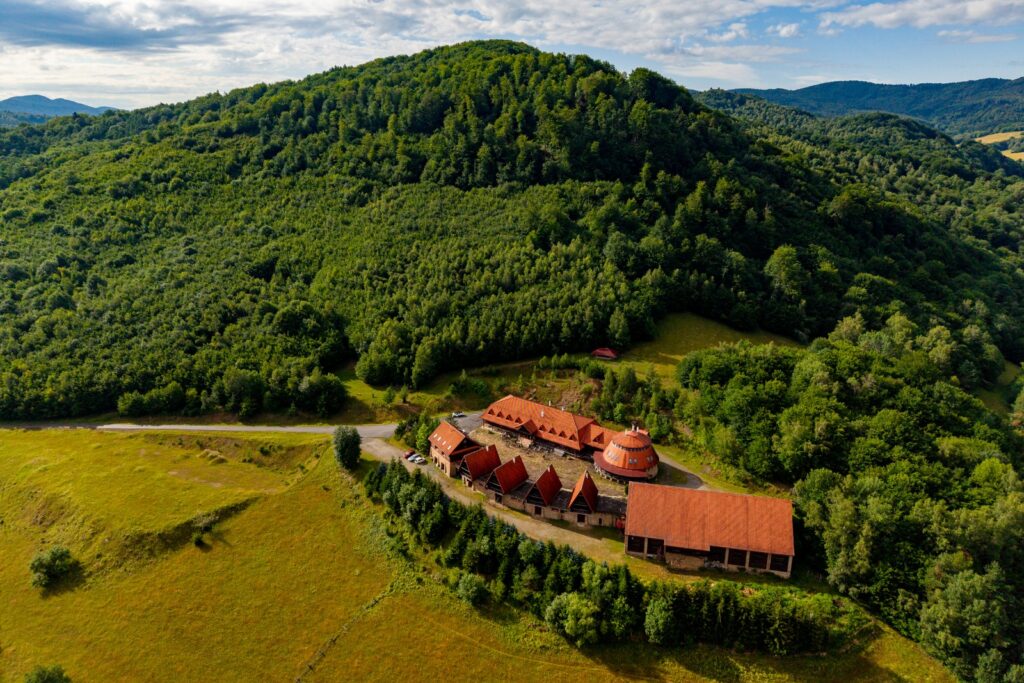 Widok z drona na budynki i las