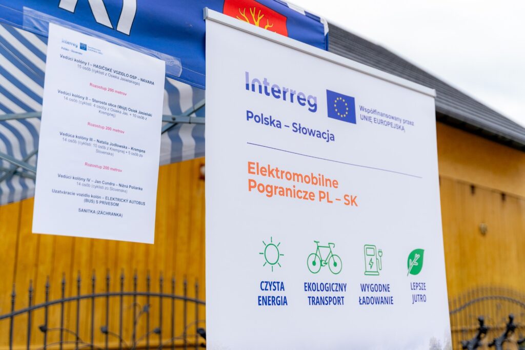 Plakat z harmonogramem kolumn rajdu w języku słowackim obok banera z logo Interreg i hasłami: czysta energia, ekologiczny transport, wygodne ładowanie, lepsze jutro.