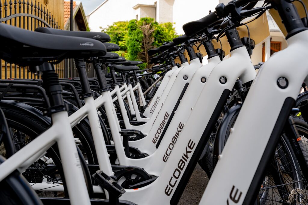 Zbliżenie rzędu białych ram rowerów elektrycznych marki Ecobike z siodełkami ustawionych jeden za drugim.