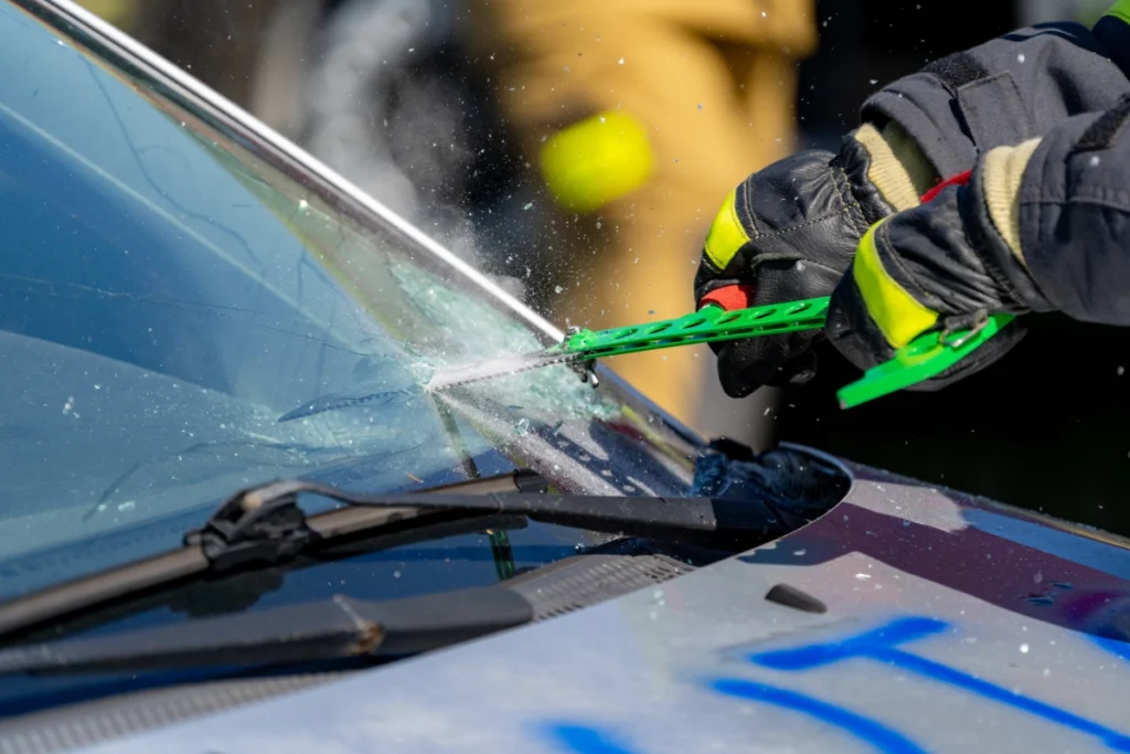 A firefighter's gloved hands cut a silver car's windscreen with a green saw, sending glass fragments flying
